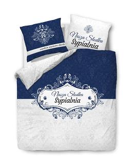 Pościel bawełniana 160x200 PANELOVE biała granatowa ornament napisy