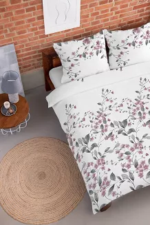 Pościel flanelowa 220x200 biała różowe kwiatuszki szare listki