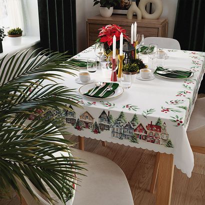 Obrus wodoodporny NINA 110x160 biały kolorowy zimowe miasteczko