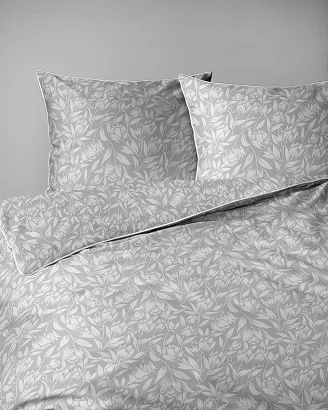 Pościel z perkalu Lamé Percale 220x200 jasnoszara botaniczny wzór ozdobna lamówka biza