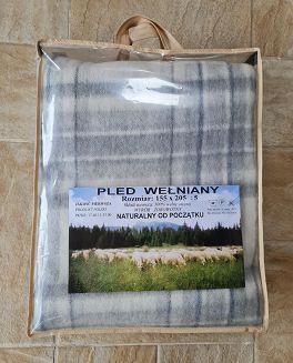 Koc wełniany z frędzlami szara krata/ granat