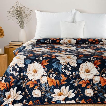 Narzuta dekoracyjna FIORA 200x220 granatowa pomarańczowa duże kwiaty
