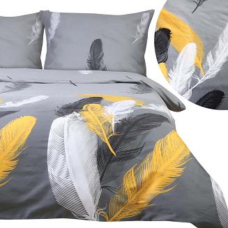 Pościel satyna bawełniana SATYNLOVE 180x200 szara w białe złote czarne pióra