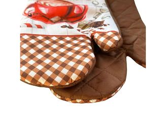 Rękawice kuchenne 18x27 z magnesem 2 szt. brązowe białe filiżanka kawy kratka