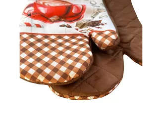 Rękawice kuchenne 18x27 z magnesem 2 szt. brązowe białe filiżanka kawy kratka