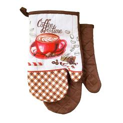 Rękawice kuchenne 18x27 z magnesem 2 szt. brązowe białe filiżanka kawy kratka