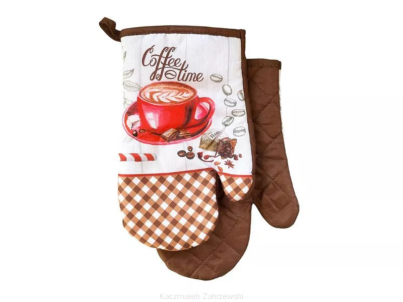 Rękawice kuchenne 18x27 z magnesem 2 szt. brązowe białe filiżanka kawy kratka