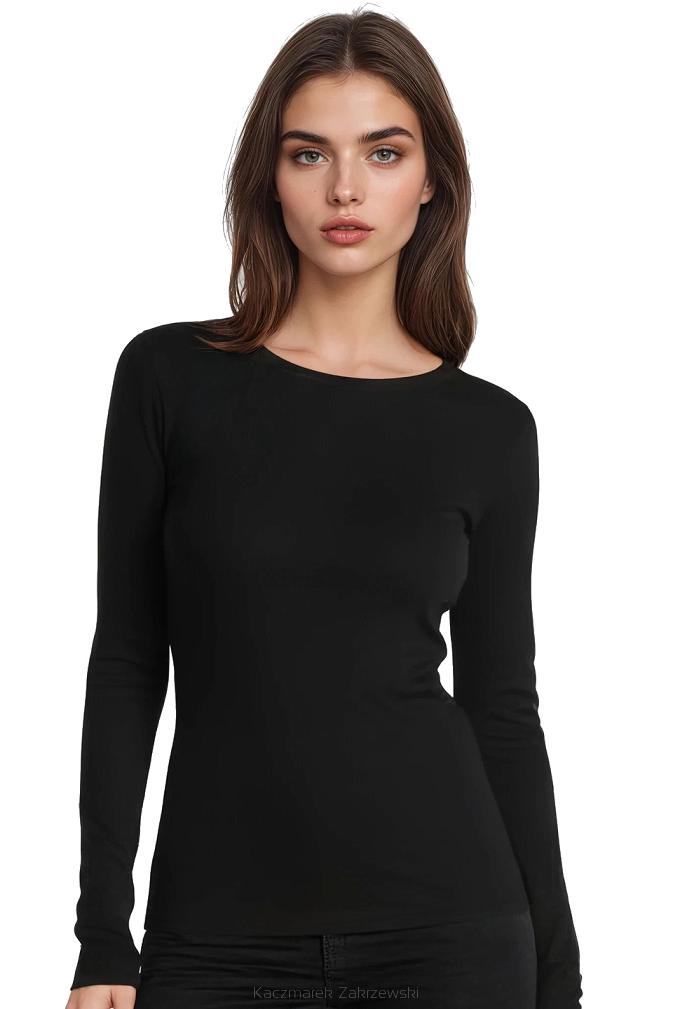 Prążkowana koszulka damska z wiskozy z długim rękawem Irma czarna