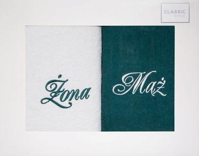 Komplet ręczników 2 szt. 70x140 Eurofirany Mąż-Żona kremowy butelkowa zieleń