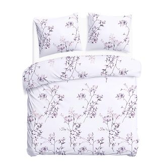 Pościel bawełniana COTTONLOVE 160x200 biała w fioletowe liście i kwiaty