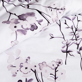 Pościel bawełniana COTTONLOVE 160x200 biała w fioletowe liście i kwiaty
