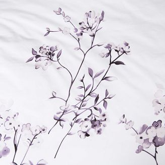 Pościel bawełniana COTTONLOVE 160x200 biała w fioletowe liście i kwiaty