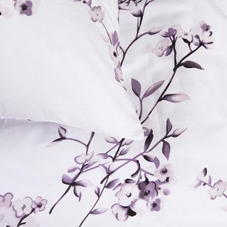Pościel bawełniana COTTONLOVE 160x200 biała w fioletowe liście i kwiaty