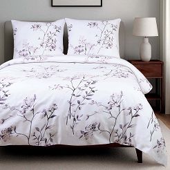 Pościel bawełniana COTTONLOVE 160x200 biała w fioletowe liście i kwiaty