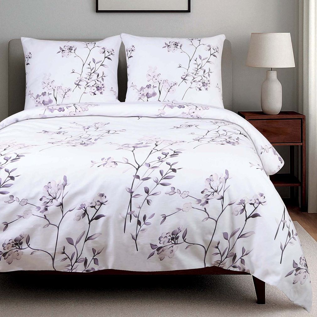 Pościel bawełniana COTTONLOVE 160x200 biała w fioletowe liście i kwiaty
