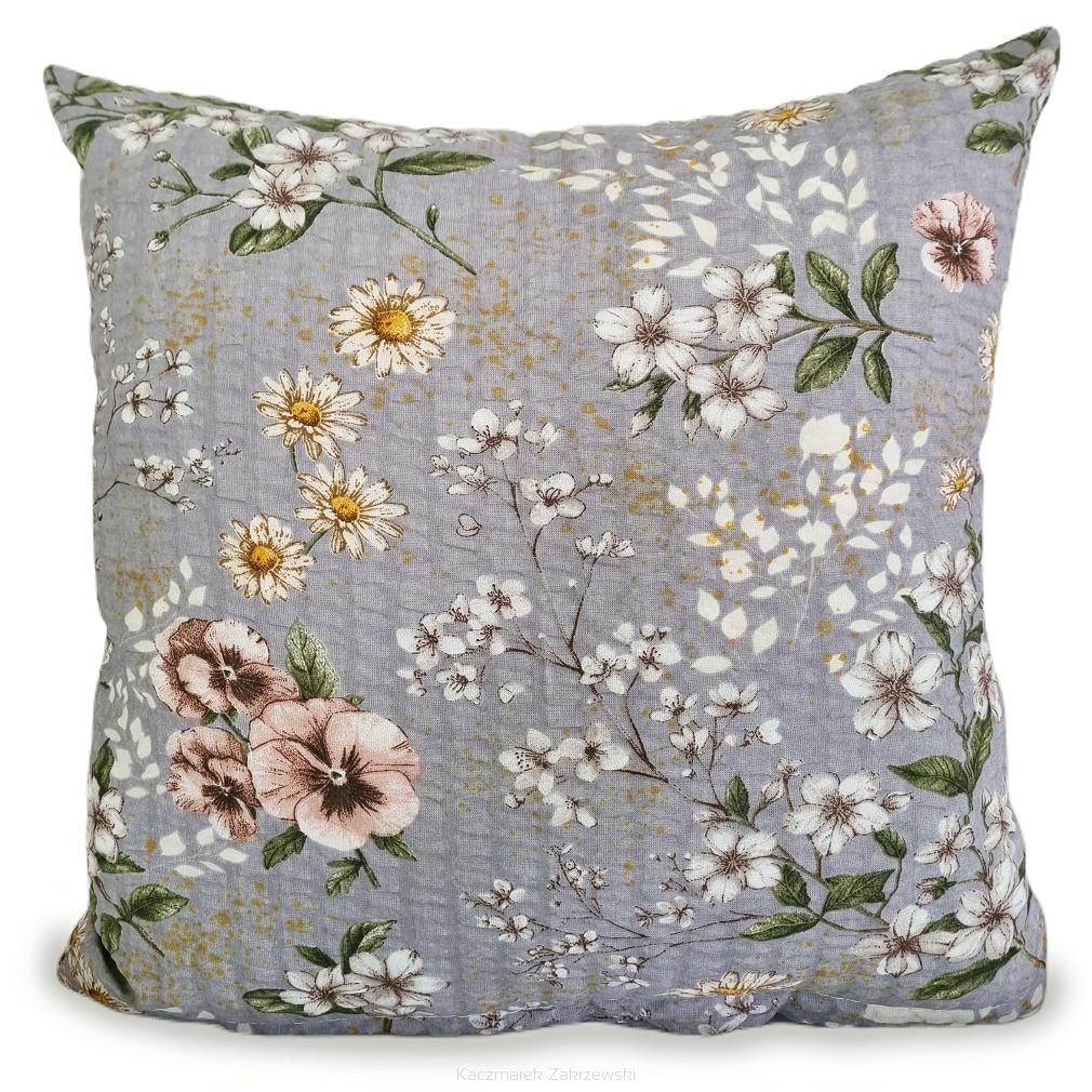 Poszewka z kory 50x60 szara pudrowa kremowa kwiaty vintage