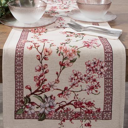 Bieżnik obrus dekoracyjny THAI 40x100 Eurofirany naturalny różowy kwitnąca wiśnia