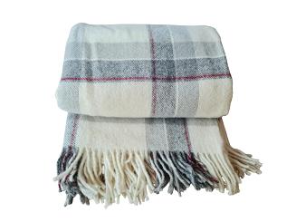 Koc wełniany z frędzlami 150x200 wełna nowozelandzka krata szara ekri czerwona