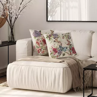 Poszewka dekoracyjna gobelin SPRING2 45x45 Eurofirany naturalna czerwona niebieska kwiaty motyle