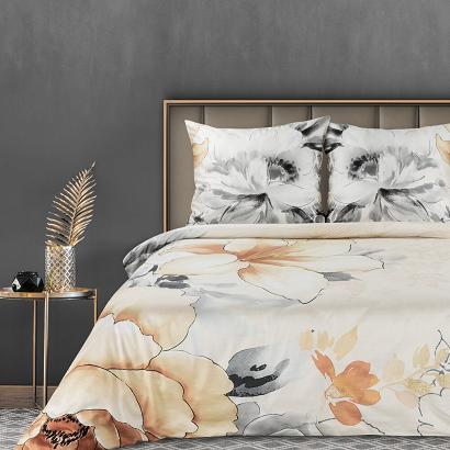 Pościel satynowa PREMIUM19 200x220 Eurofirany biała herbaciana szara duże kwiaty
