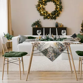 Obrus świąteczny gobelinowy 100x100 Eurofirany naturalny zielony las bombki