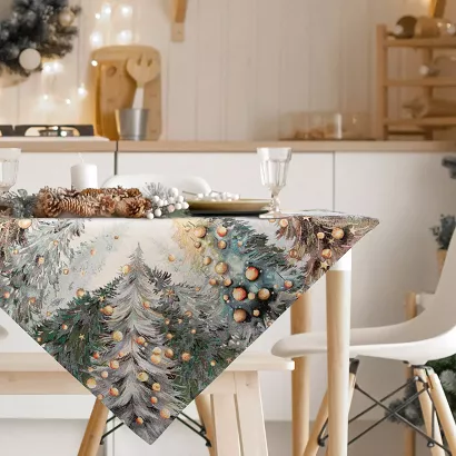 Obrus świąteczny gobelinowy 100x100 Eurofirany naturalny zielony las bombki