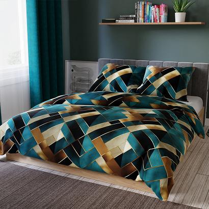 Komplet pościeli RUBIK z bawełny satynowej 160x200 turkusowa ruda geometryczny motyw