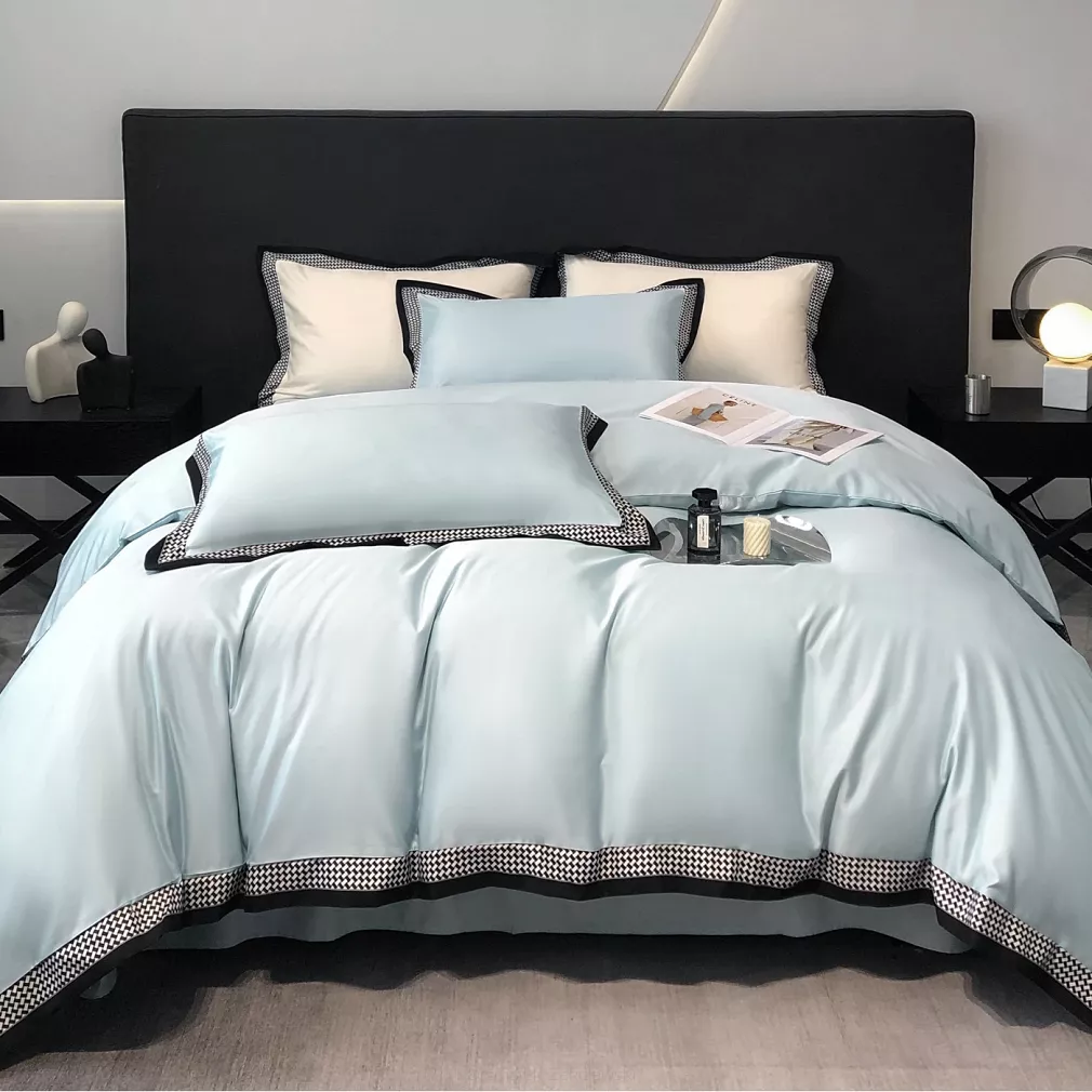 Pościel 160x200 błękitna wzorzysta plisa falbana