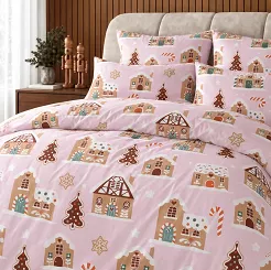 Pościel Świąteczna z Satyny Bawełnianej GINGERHOUSE Pudrowa (220x200 cm)