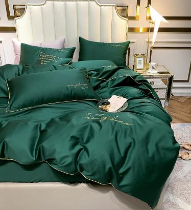 Pościel 200x220 butelkowa zieleń złoty haft satynowa lamówka