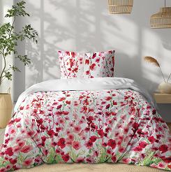 Pościel bawełniana 140x200 Detexpol biała czerwone różowe ostróżki