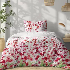 Pościel bawełniana 140x200 Detexpol biała czerwone różowe ostróżki