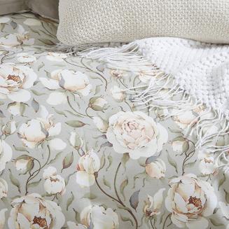 Pościel satyna bawełniana 160x200 szałwiowa beżowa kwiaty piwonie