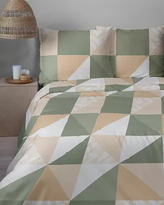 Pościel satynowa Home Satin 220x200 biała w beżowy zielony pudrowy geometryczny wzór