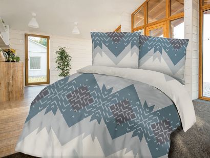 Pościel satyna bawełniana AZTEK 180x200 SATYNLOVE beżowa szara niebieska geometryczny wzór