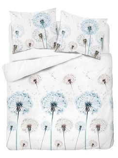 Pościel satynowa 220x200 Detexpol biała niebieskie dmuchawce