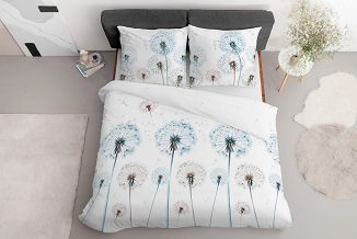 Pościel satynowa 220x200 Detexpol biała niebieskie dmuchawce