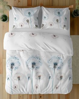 Pościel satynowa 220x200 Detexpol biała niebieskie dmuchawce