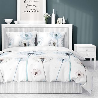 Pościel satynowa 220x200 Detexpol biała niebieskie dmuchawce