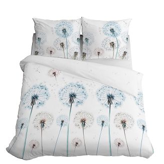 Pościel satynowa 220x200 Detexpol biała niebieskie dmuchawce