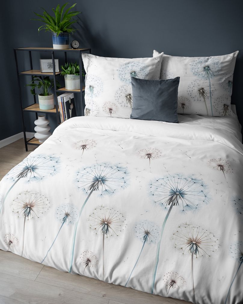 Pościel satynowa 220x200 Detexpol biała niebieskie dmuchawce