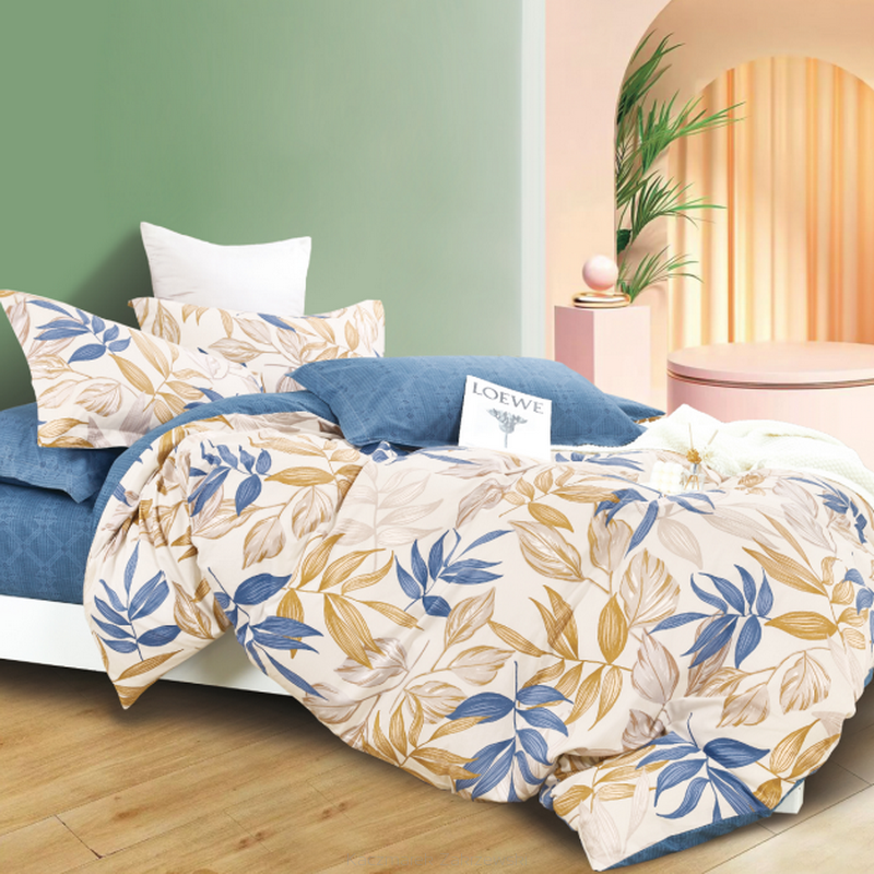 Pościel satynowa 160x200 biała niebieska beżowa liście