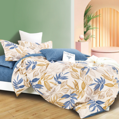 Pościel satynowa 160x200 biała niebieska beżowa liście