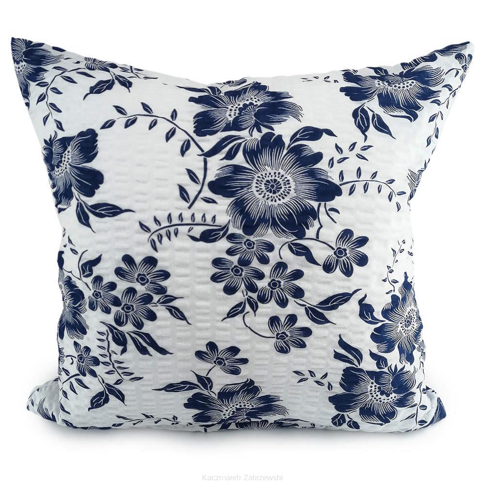 Poszewka z kory 40x40 wzór granatowe kwiaty | białe tło