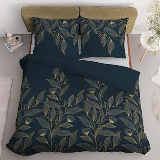 Pościel satynowa 200x220 granatowa złota kwiaty