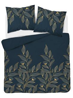 Pościel satynowa 200x220 granatowa złota kwiaty