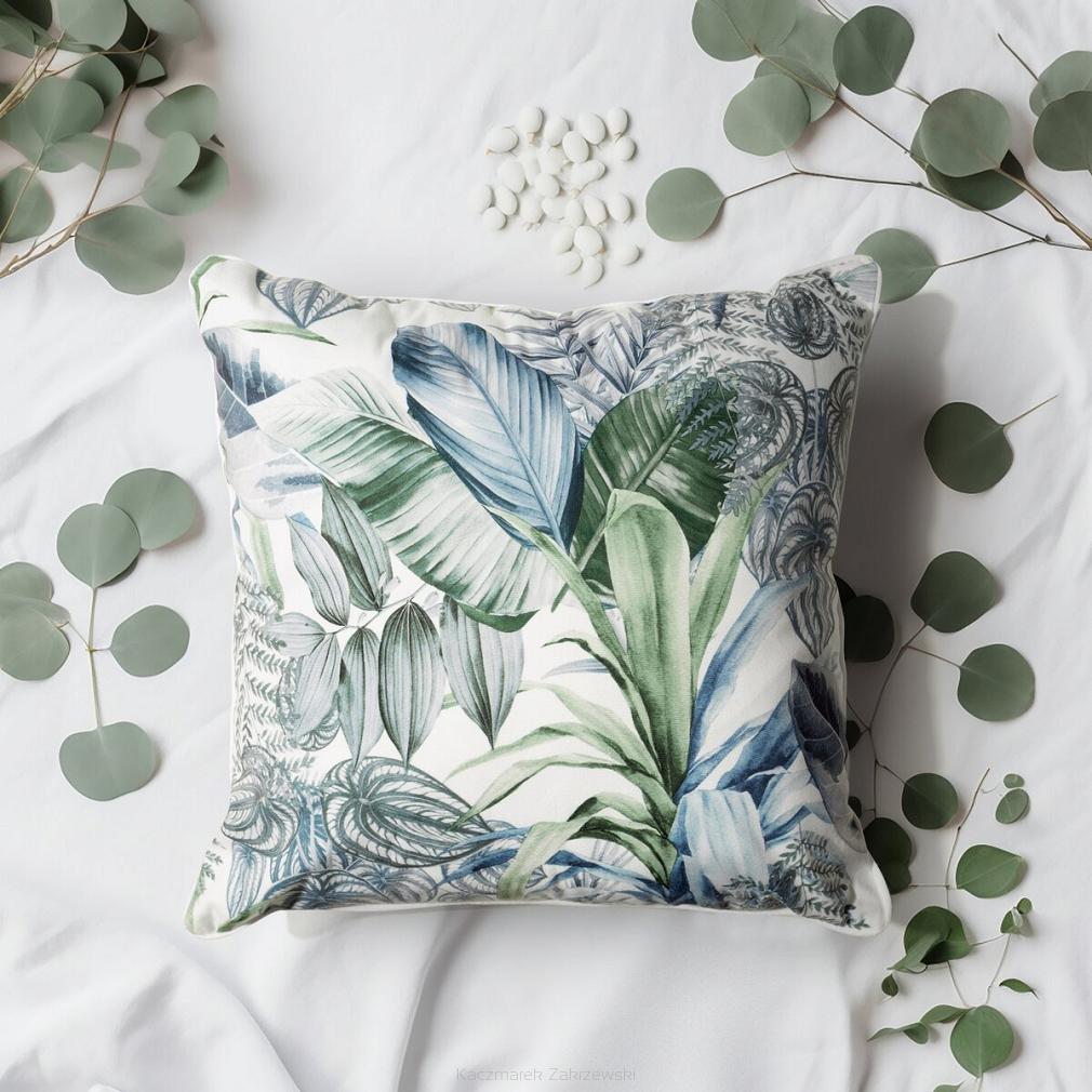 Poszewka dekoracyjna DAVOS2 45x45 Eurofirany zielona srebrna egzotyczne liście