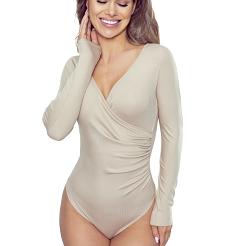 Prążkowane body damskie z kopertowym dekoltem Cortina cappuccino