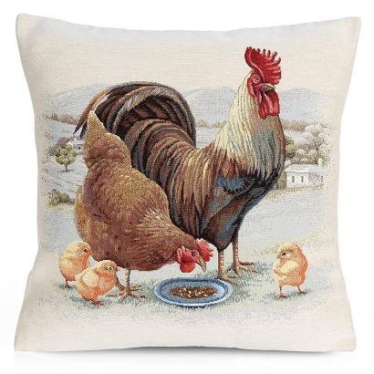 Poszewka dekoracyjna gobelon 45x45 Eurofirany naturalna brązowa żółta  kogut kwoka i kurczęta