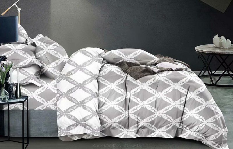 Komplet pościeli dwustronnej 200x220 szara biała roślinna geometria